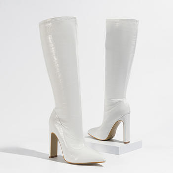 Chic pu leather 3 colors pointed toe chunky high-heel boots