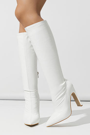 Chic pu leather 3 colors pointed toe chunky high-heel boots