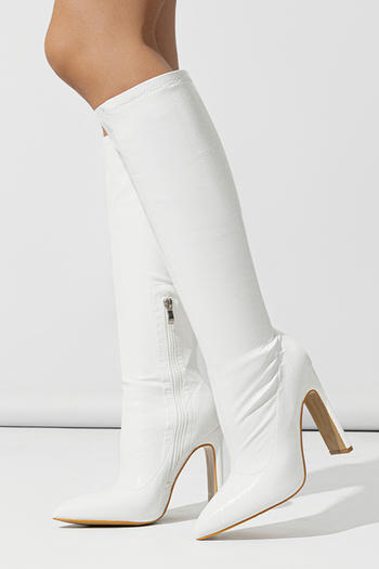 Chic pu leather 3 colors pointed toe chunky high-heel boots