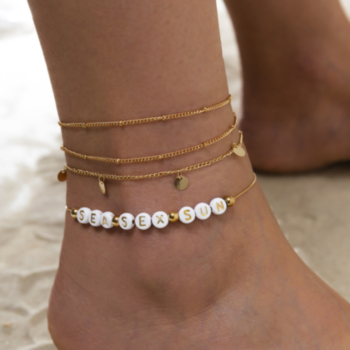 3 pc sets New stylish beaded metallic letter fashionable simple anklets set