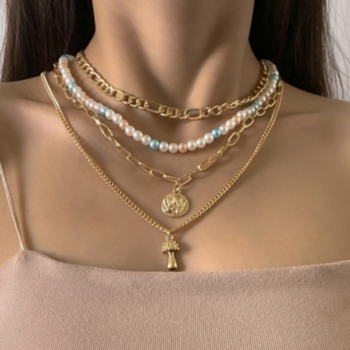 4 pc sets Rococo faux pearl three-dimensional mushroom metallic necklaces sets