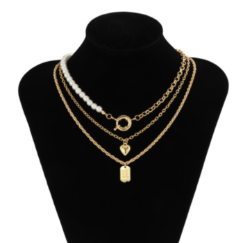 3 pc sets Hip hop faux pearl metallic heart letter decor simple fashionable necklaces sets
