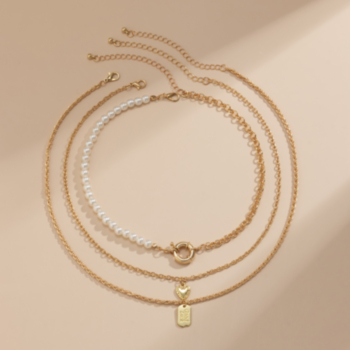 3 pc sets Hip hop faux pearl metallic heart letter decor simple fashionable necklaces sets