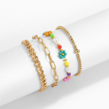 4 pc sets Boho style daisy flower beaded hollow out faux pearl bracelets sets