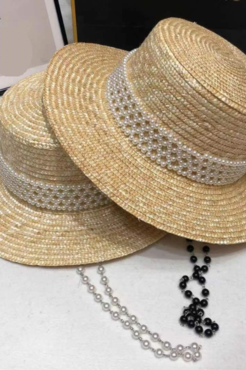 1pc pearl decorate chain elegant straw beach sun hat 56-58cm