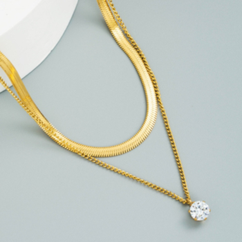 1 pc Simple rhinestone decor pendant double layer golden fashion necklace