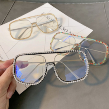 1 pc New style simple rhinestone decor fashion clear lens metallic frame sunglasses