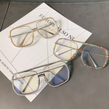 1 pc New style simple rhinestone decor fashion clear lens metallic frame sunglasses