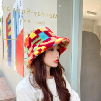1 pc Autumn & Winter multicolor letter batch printing tie-dyed velvet bucket hat 56-58cm