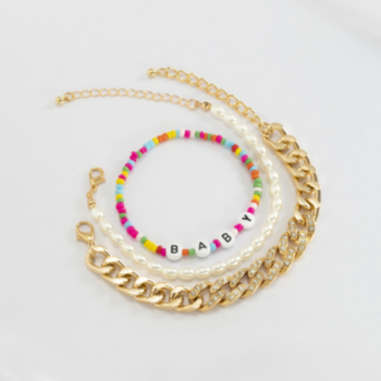 3 pc sets Fashion faux pearl multicolor beaded letter rhinestone decor bracelets