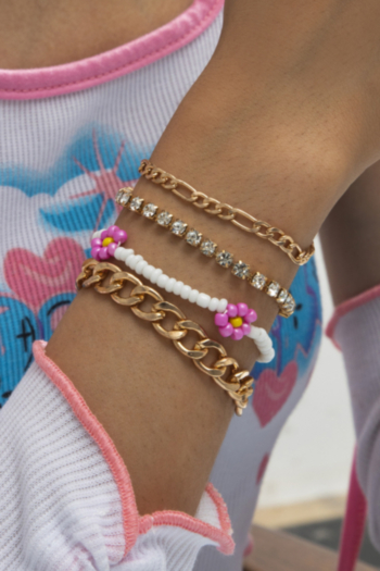 4 pc sets new stylish beaded stitching metallic rhinestone simple bracelets (length:16cm+5cm)