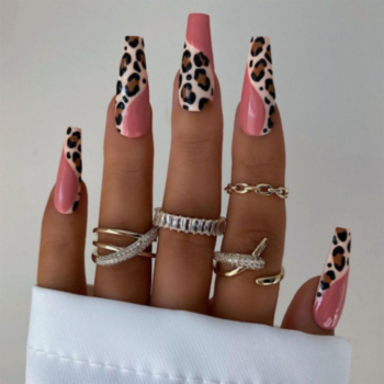 24 pcs fashionable leopard stitching solid color false nails x3 boxes(contain 3 pcs tapes)