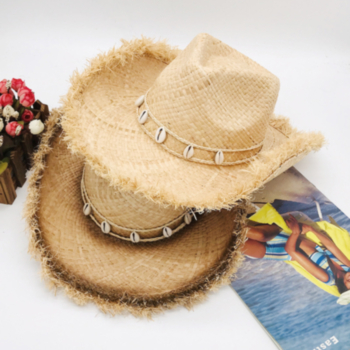 1 pc western cowboy beach shell beaded decoration ajustable straw hat 55-58cm