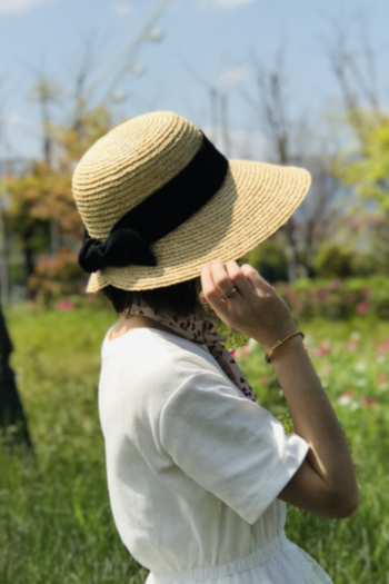 1 pc retro bowknot decor beach outdoor ajustable raffia straw hat 55-58cm