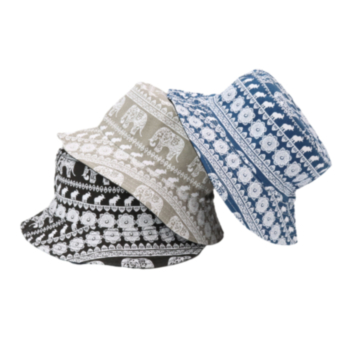 1 pc three color elephant batch print canvas double-sided ethnic style ajustable bucket hat 55-58cm