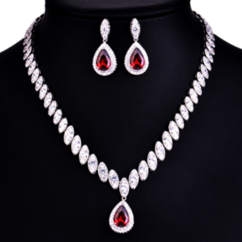 2 pc set four color high quality rhinestone waterdrop design necklace tassel earrings jewelry accessories wedding party set(with gift box)