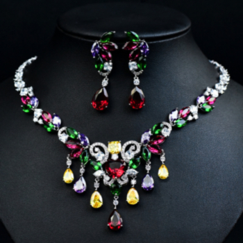2 pc set six color high quality rhinestone tassel pendant necklace and earrings jewelry accessories wedding party set(with gift box)