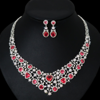 2 pc set four color high quality heart shape rhinestone necklace earrings jewelry accessories wedding party set(with gift box)
