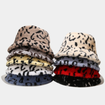 1pc eight color autumn and winter leopard batch printing fluffy plush thicken adjustable bucket hat 56-58cm