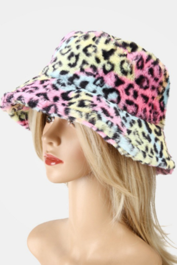 1pc seven color autumn and winter leopard batch printing fluffy plush thicken adjustable bucket hat 56-58cm