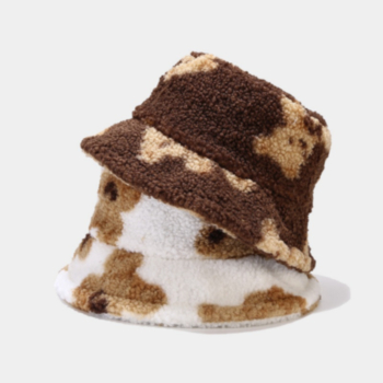 1pc four color autumn and winter bear pattern batch printing thickened warm simple fashion outdoor lambswool ajustable bucket hat 56-58cm