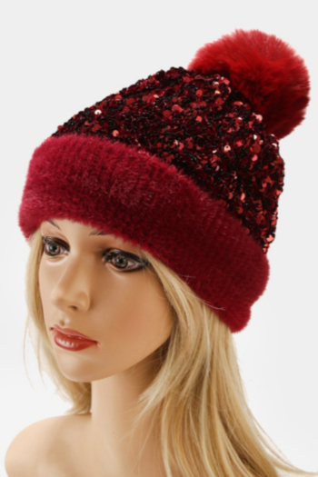 autumn and winter six color sequin fluffy plush removable hairball outdoor keep warm all-match ajustable knitting hat 56-58cm