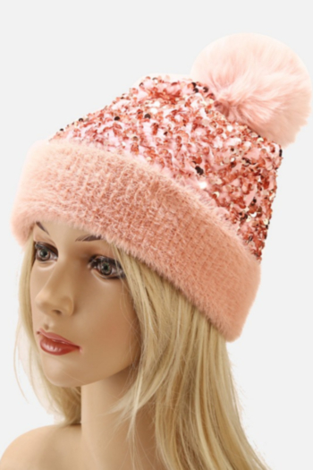 autumn and winter sequin fluffy plush removable hairball outdoor keep warm all-match ajustable knitting hat 56-58cm