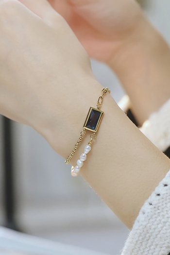 1 pc fashion simple square rhinestone metal chain stitching pearl bracelets(length: 16.5cm+6cm)#1#