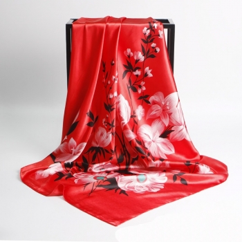 1 pc shawl satin simple flower batch printing sunscreen scarf 90*90cm#4#