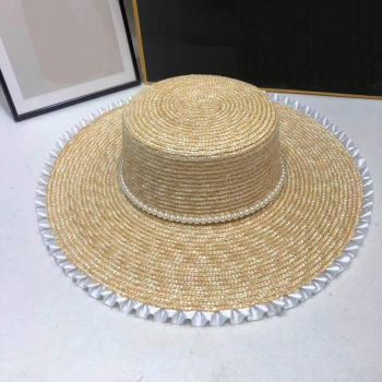 1 pc small fresh big brim pearl satin ruffle beach vacation adjustable straw hat 58cm