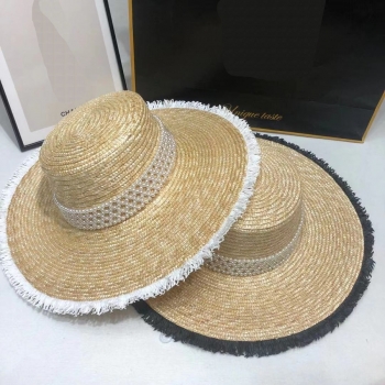 1 pc pearl raw edge beach vacation adjustable straw hat 58cm