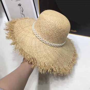 1 pc double layer pearl raw edge beach vacation adjustable dome straw hat 58cm