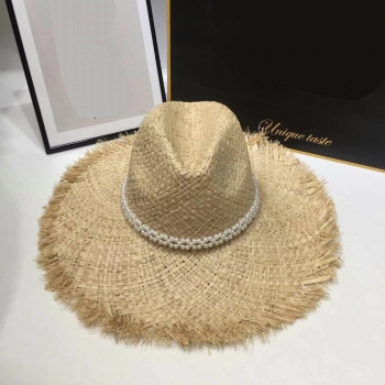1 pc double layer pearl raw edge beach vacation adjustable cone top straw hat 58cm