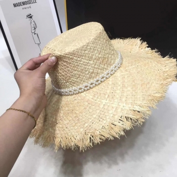1 pc double layer pearl raw edge beach vacation adjustable flat top straw hat 58cm
