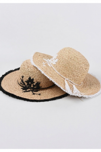 3 pc embroidered tassel raw edge beach vacation adjustable raffia straw hat 56-58cm