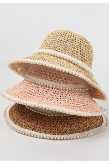 1 pc pearl decorate beach sun protection adjustable straw hat 56-58cm