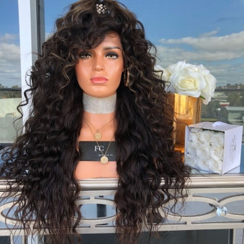 1 pc synthetic brown long curly hair middle split wig chemical fiber african small curly hair wig (length:65cm)