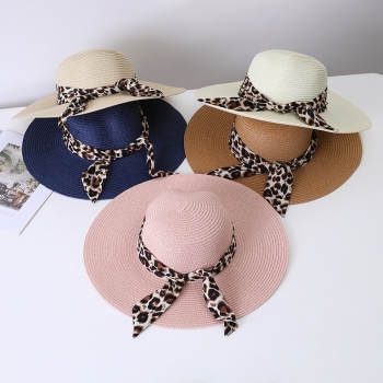 one pc summer leopard satin decorate beach sunscreen straw hat 56-58cm