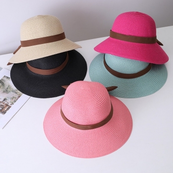 one pc summer solid color bowknot sun protection beach foldable straw hat 56-58cm
