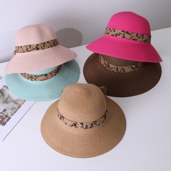 one pc summer solid color flower batch printing bowknot sun protection beach straw hat 56-58cm