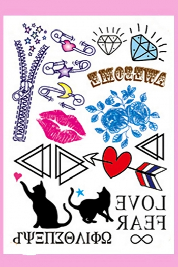 Multicolor cat & heart shape letter geometry tattoo sticker(size:148*210mm)*2