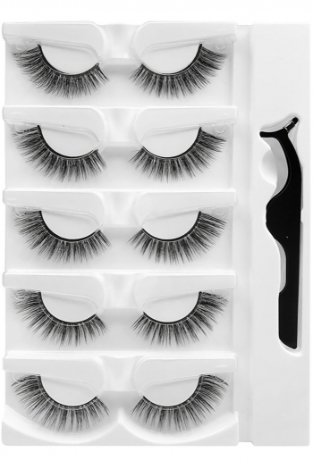 fifteen pair fashion solid color reusable natural slightly warped and easy to wear synthetic false lashes with tweezers(length:34mm)