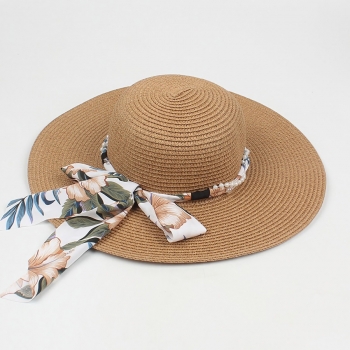 one pc summer solid color sun protection outdoor beach pearl satin bowknot decorated adjustable straw sun hat 56-58cm