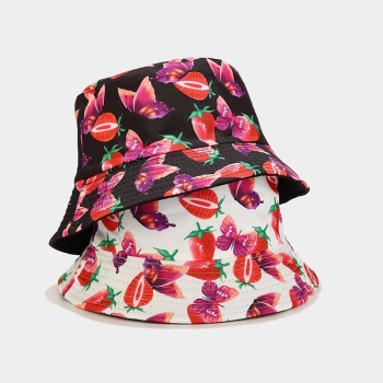 one pc summer strawberry butterfly batch printing double sided casual sun protection outdoor bucket hat 56-58cm