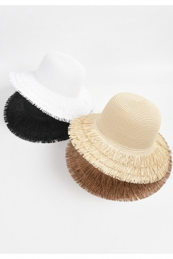 three pc summer solid color sun protection outdoor beach tassel trim adjustable straw sun hat