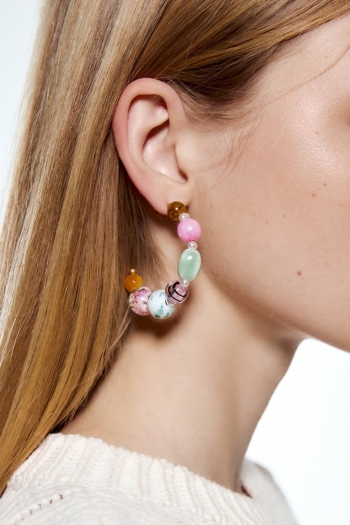 one pair resort bohemia style pearl colorful glass beads c shape earrings(length:5.5cm)