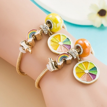 one pc orange rhinestone geometric dripping oil lemon rainbow pendant metal bracelet(perimeter:15+5cm)