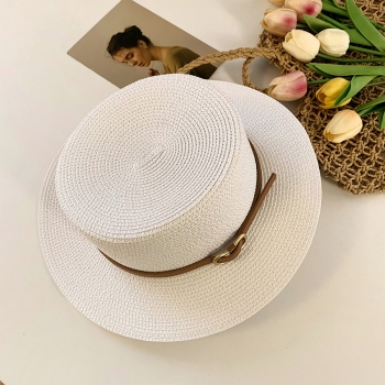 One pc new summer solid color pu metal buckle beach seaside uv protection flat top straw hat 56-58cm