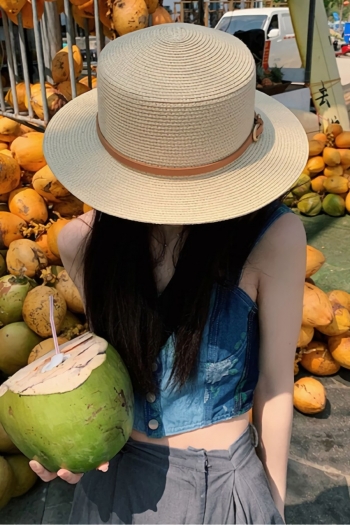 One pc new summer solid color pu metal buckle beach seaside uv protection flat top straw hat 56-58cm