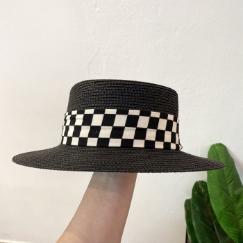One pc new summer beach solid color retro checkerboard webbing flat top straw hat 56-58cm